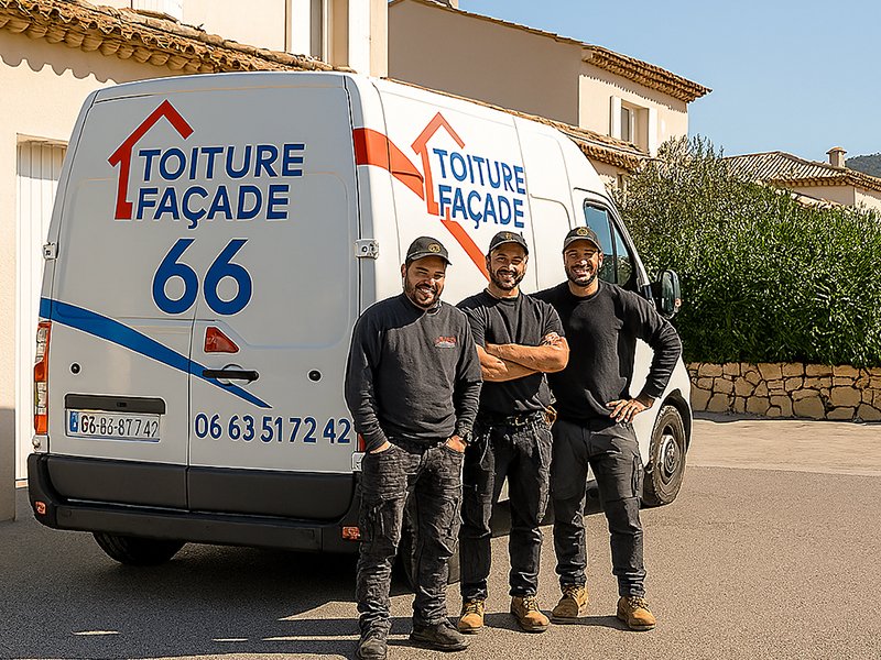 Trois couvreurs souriants se tiennent devant une camionnette blanche portant l'inscription TOITURE FAÇADE 66, vêtus de vêtements de travail et de casquettes noirs. En tant que couvreur et façadier à Perpignan, ils posent devant un immeuble résidentiel ensoleillé et de la verdure en arrière-plan.