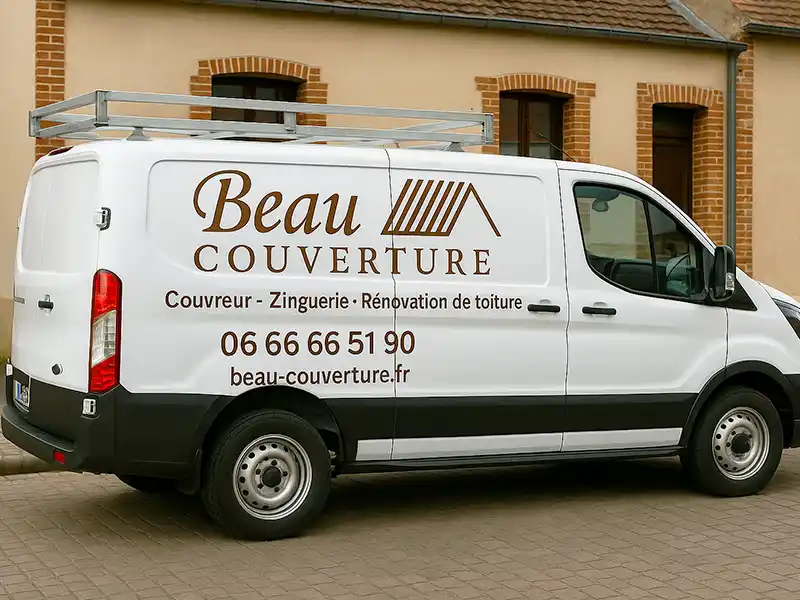 Une camionnette au nom du couvreur Beau Couverture, est garée devant une maison en briques, affichant le nom de l'entreprise et ses coordonnées pour des services de couverture, de zinguerie et de rénovation de toiture dans le Loiret (45).