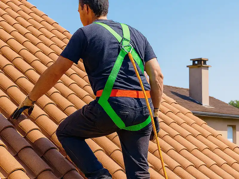 Une personne portant un harnais de sécurité et des gants grimpe sur un toit de tuiles incliné sous un ciel bleu clair, illustrant un chantier de toiture sécurisé, avec une partie d'une maison et une cheminée visibles à l'arrière-plan.