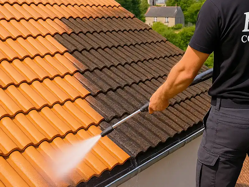 Une personne effectue un démoussage de toiture dans le 45, en utilisant un nettoyeur à haute pression pour faire passer le toit en tuiles de sale et sombre à orange vif. Le processus de nettoyage est au centre de l'attention, la verdure et les bâtiments étant visibles à l'arrière-plan.