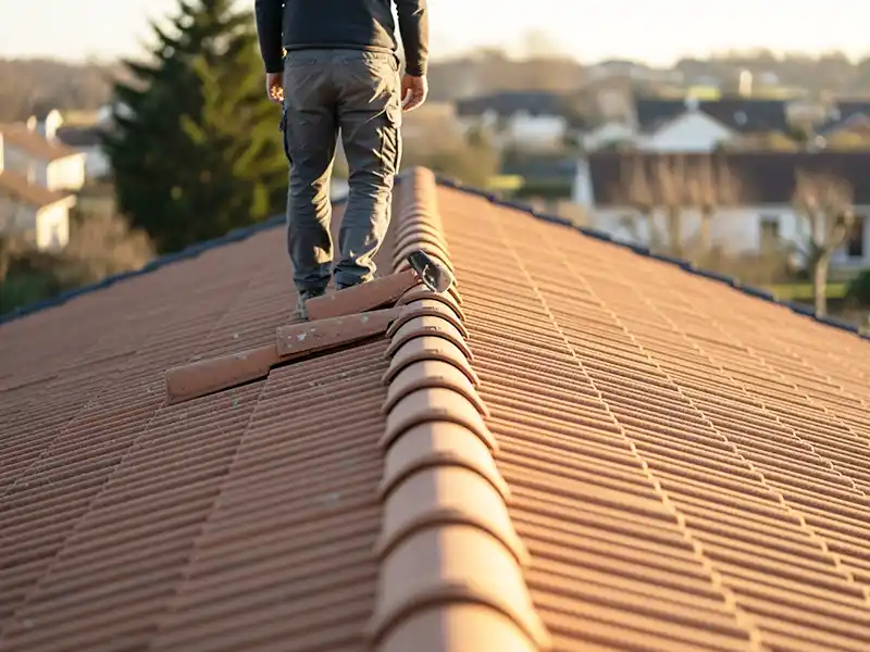 Une personne se tient au sommet d'un toit de tuiles, inspectant l'&eacute;tanch&eacute;it&eacute; du faitage dans le 45. Quelques tuiles branlantes gisent &agrave; proximit&eacute;, tandis que les maisons et les arbres s'estompent dans la lumi&egrave;re du soleil du soir.