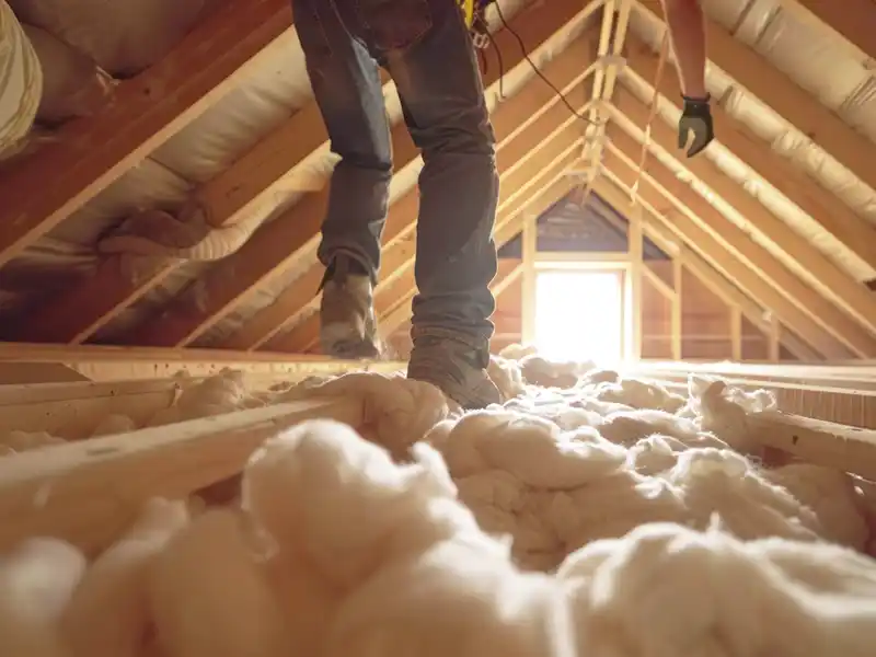 Une personne portant des gants et des bottes traverse un grenier rempli de matériaux d'isolation duveteux, la lumière du soleil y pénétrant - illustrant l'isolation de combles perdus dans le 45.