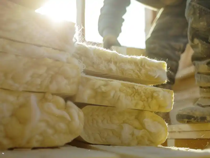 Gros plan d'une personne manipulant plusieurs panneaux d'isolation jaunes &eacute;pais &agrave; l'int&eacute;rieur, la lumi&egrave;re du soleil entrant par l'arri&egrave;re - parfait pour l'isolation de toiture dans le 45. Des particules de poussi&egrave;re flottent dans l'air.