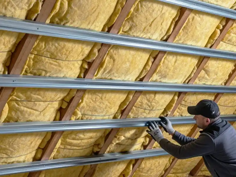 Une personne portant des gants et un bonnet installe une ossature métallique sur un isolant jaune dans un plafond en bois incliné, dans le cadre d'une isolation de toiture intérieure, l'isolant étant placé entre des poutres en bois.
