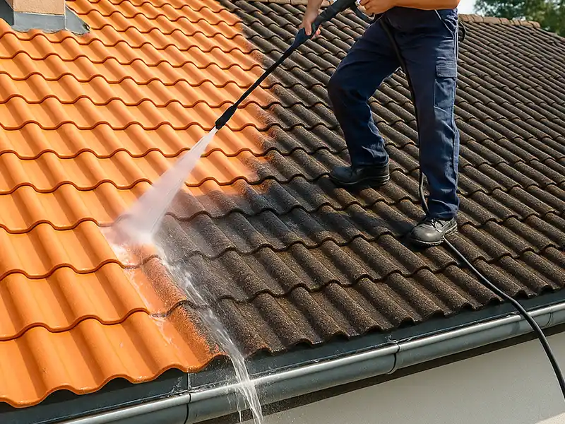 Une personne en pantalon bleu et chaussures noires utilise un nettoyeur &agrave; pression pour un nettoyage de toiture dans le 45, cr&eacute;ant un contraste &eacute;vident entre les carreaux orange propres et les carreaux plus sombres et sales.