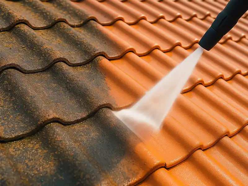 Un nettoyeur haute pression pulvérise de l'eau sur un toit en tuiles, mettant en évidence les résultats remarquables du nettoyage de toiture et entretien, car un côté apparaît plus lumineux et plus propre que les tuiles non touchées et sales.