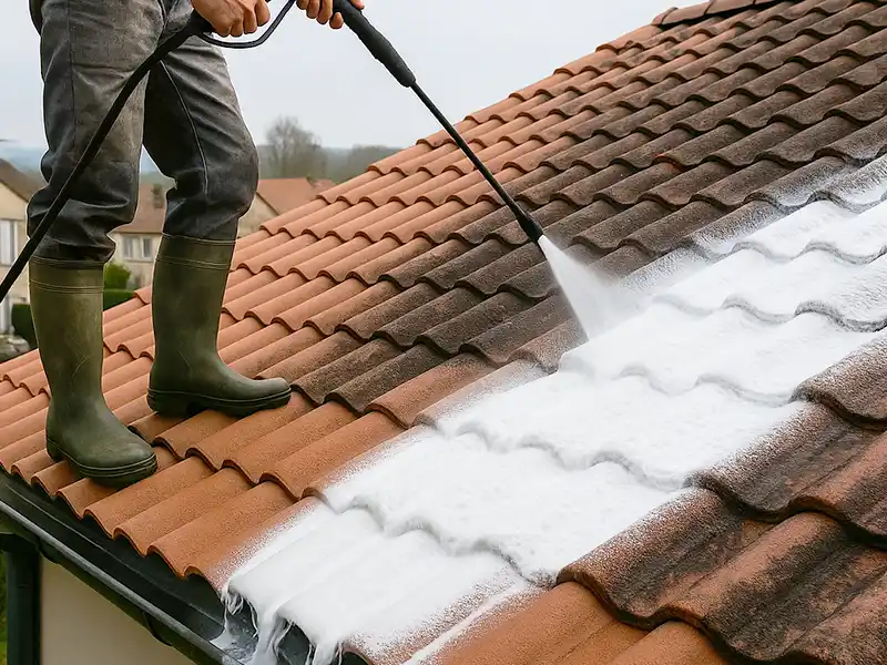 Une personne chaussée de bottes en caoutchouc se tient sur un toit en tuiles, effectuant un nettoyage hydrofuge d'une toiture dans le 45, à l'aide d'un nettoyeur à pression. Les tuiles nettoyées paraissent plus claires et plus mousseuses, tandis que les parties non nettoyées restent plus sombres.