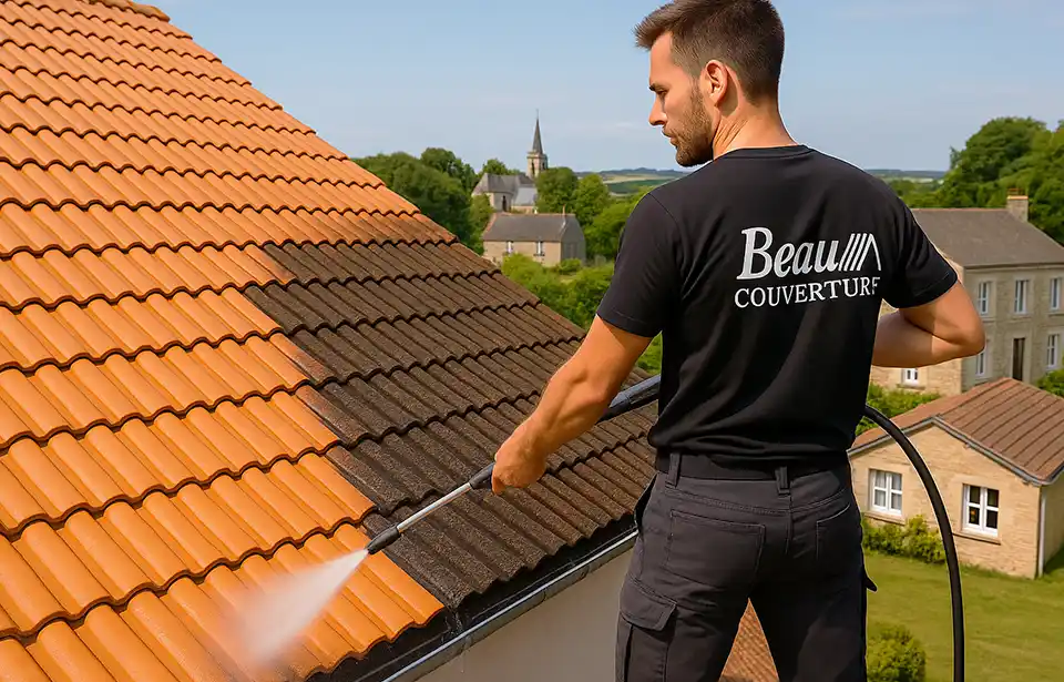 Un homme en chemise noire utilise un nettoyeur à pression pour un nettoyeur de toiture du Loiret, enlevant la saleté et révélant des tuiles orange vif. L'arrière-plan montre des champs verts, des maisons et une église au loin.
