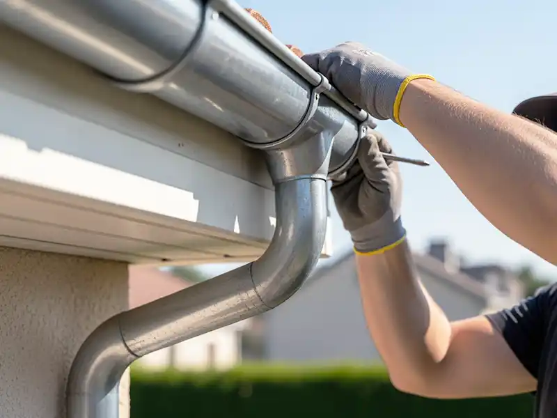 Une personne portant des gants installe ou répare une gouttière en métal sur le bord d'un toit, à l'aide d'un outil manuel. La scène illustre la pose de gouttière en zinc dans le Loiret, avec des maisons et de la verdure en arrière-plan.