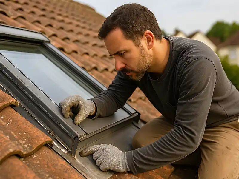 Un homme portant des gants inspecte ou répare le cadre d'une fenêtre de toit sur un toit de tuiles en pente. Concentré sur son travail, il vérifie les bords - un exemple de Réparation de toiture dans le 45 avec une attention particulière aux détails.
