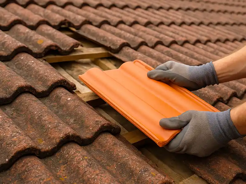 Une personne portant des gants gris effectue une r&eacute;paration de tuile, en rempla&ccedil;ant une tuile cass&eacute;e par une nouvelle tuile orange sur un toit en tuiles brunes.