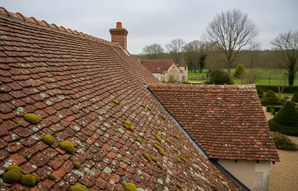 Vue rapprochée d'une toiture pentue en tuiles rouges du Loiret vieillissante avec des taches de mousse et de lichen, sur fond d'arbres, de buissons taillés et d'une autre maison dans un paysage rural verdoyant.