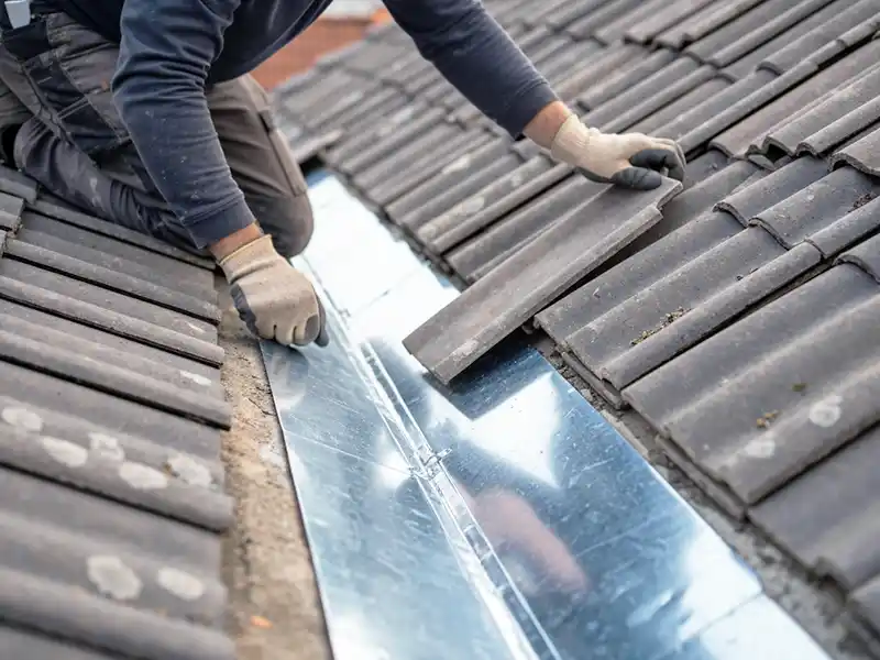Un ouvrier portant des gants pose des tuiles &agrave; c&ocirc;t&eacute; d'un solin m&eacute;tallique brillant sur un toit en pente, s'agenouillant et pla&ccedil;ant soigneusement une tuile en position pendant le remplacement d'une noue dans le 45.