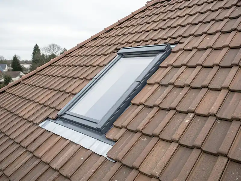 Une prestation de Zinguerie pour pose de fenêtre de toit est illustrée ici : une fenêtre rectangulaire installée sur un toit incliné aux tuiles brunes, avec ciel nuageux et arbres en arrière-plan.