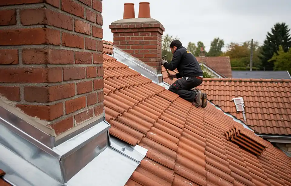 Un ouvrier est agenouillé sur un toit de tuiles rouges, installant un solin métallique autour d'une cheminée en briques - une tâche typique pour un Zingueur Loiret 45. En arrière-plan, des arbres et les toits voisins complètent la scène.